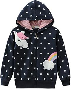 DDSOL Toddler Girl Zip Up Hoodie Dinosaur Jacket Hooded Heart Sweatshirt Fall Winter Kid Long Sleeve Shirt Pullover Top, 1# White Heart Unicorn/Dark Blue, 2 Years