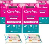 Carefree Panty Liners for Women Bundle with Cotton Feel Dailies Sanitary Pads, Unscented Soft Cover for Regular or Tanga Underwear 20 Liners (Pack of 4) and 2 Packs of 12 Biodegradable Wet Wipes