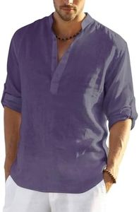 COOFANDY Men's Cotton Linen Henley T-Shirts Long Sleeve Hippie Casual Beach T-Shirts Purple