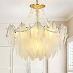 Depuley 9-Light Gold Chandelier Light Fixture 4-Tier Feather Pearl Pendant Light 24" Adjustable Hanging Ceiling Chandelier Light for Living Room Bedroom Included E12 LED Bulbs UL Listed