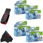 Fujifilm QuickSnap Waterproof 35mm Single Use Camera with Sandisk 32 GB USB Flash Drive and PixiBytes Microfiber Cleaning Cloth... (4 Camera + USB)