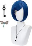 Coraline Cosplay Wig for Women, Dark Blue Bob Short straight Synthetic Wigs with Key Necklace Dragonfly Hairpin, Halloween Costume Party Cosplay Wig