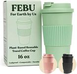 FEBU Plant-Based Reusable Coffee Cup With Lid and Sleeve | 16oz, Sage Green | Portable Travel Mug made from Bamboo | Dishwasher Safe, Zero Waste, Plastic Free With Leak-Proof Screw-on Lid