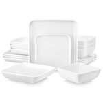 MALACASA Dinner Sets, 16 Piece Square Plates and Bowls Set, Porcelain Tableware Dinnerware Sets with 4 Piece Dinner Plates, Dessert Plates, Soup Plates and Bowls, Series Ivy, Ivory White