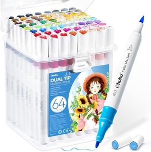 Ohuhu Water-based Markers for Adult Colouring Books No Bleeding 64 Colors Dual Tips Brush & Fine Coloring Markers for Kids Adults Beginners Drawing Pens for Journaling Lettering