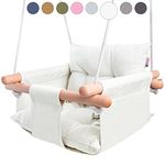 CaTeam - Canvas Baby Swing, Wooden Hanging Swing Seat Chair with Safety Belt, Durable Baby Swing Chair, Outdoor and Indoor Swing for Kids, Mounting Hardware Included, Ivory