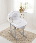 ELEGANT BABY Kinder Valley White Teddy Wash Day Palm Moses Basket with Deluxe Dove Grey Rocking Stand, Adjustable Hood & Padded Liner