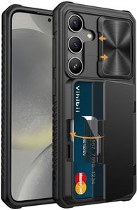 Vihibii for Samsung Galaxy S24 Case with Card Holder (4 Cards) & Slide Camera Cover & Kickstand, Shockproof Rugged Hard Back & TPU Soft Edge Wallet Phone Case for Samsung Galaxy S24 6.2" 2024, Black