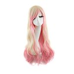 MapofBeauty 28 Inch/ 70 cm Beautiful Long Wavy Harajuku Style Cosplay Wig (Beige/Pink)