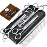 CIICII Dog Grooming Scissors Kit, 10-In-1 Professional Pet Grooming Scissors Set with Safety Round Tip (Dogs/Cat Hair Cutting Trimming Thinning Shears with Curved Scissors) for DIY Home Salon (Silver)