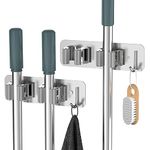 Cosicosy Mop Broom Holder, SUS304 Stainless Steel Mop Holder Wall Mounted 2 Racks with Hook Broom Hanger 2 Pcs Broom Holder Self-Adhesive/Perforated (Include Screws), Silver