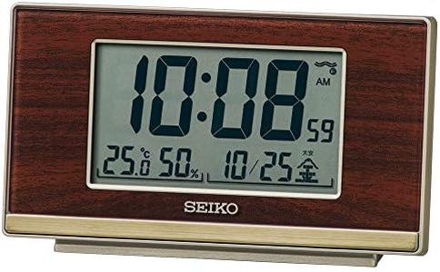 Seiko Clock SQ793B Wood Grain Table Clock, Body Size: 3.1 x 5.3 x 1.5 inches (7.8 x 13.5 x 3.8 cm), Alarm Clock, Radio Wave, Digital, Step-Down Snooze