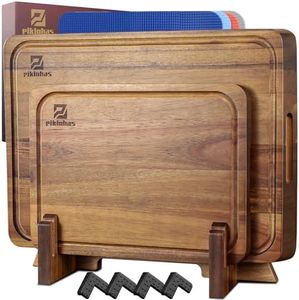 Cutting Boards Large Set of 7, Acacia Wood Charcuterie Chopping Board for Kitchen with Holder Non Slip Feet, Plastic Serving Board Mats, Juice Groove, Reversible Butcher Block for Meat Cheese Bread
