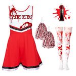 3pc Girls Zombie Cheerleader Costume for Girls with Cheerleader Pom Poms, Fake Blood and Bloody Tights - Dead Cheerleader Halloween Costume Kids - Cheerleader Outfit for Kids Halloween Costumes