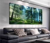 Green Forest Wall Art Landscape Morning Canvas Pictures Large Modern Green Trees Canvas Artwork for Living Room Bedroom Office Wall Decor Contemporary Wall Art Ready to Hang 73.5cm x 147cm