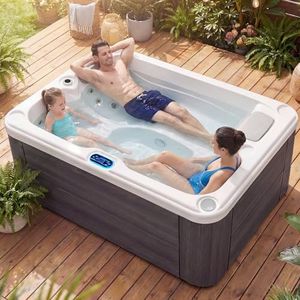 3 Person Outdoor Hot Tub, 220V – 3500W Acrylic Bathtub with 16 Hydro Jets, 2 Speakers, LED Lights, Dual Speed Pump, Ozonator & Cover, Fast Heating Above Ground Spa Machine (1 Lounger 2 Seats)