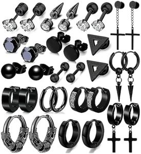 DDKY 16 pares de hombres Pendientes de aro,Pendientes de los hombres,Pendientes de aro de acero quirúrgico,Pendientes de los hombres Negro Cruz Colgante Set Ronda de plata circonitas Punk Pendientes