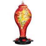 LUJII Hand Blown Glass Hummingbird Feeder for Outdoors Hanging with Ant Guard, 36 fl.oz, Leak Proof & Rustproof, Metal Base with 5 Feeding Ports & 5 Perches, Unique Garden & Backyard Decor, Red