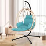 ZENPETIO Hanging Egg Chair with Stand & Leg Rest, Rattan Wicker Swing Chair with UV Resistant Cushion and Pillow, for Indoor Outdoor Bedroom Patio Hanging Basket Chair 370lbs Capacity, Brown - Cyan