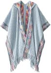 Bsubseach Knit Shawl Wraps for Women Soft Fringe Poncho Sweater Cape with Hooded for Fall Winter Sky Blue