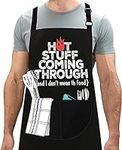 LINEN CLOSET® Adjustable Bbq Aprons for Men Funny Chef Aprons Christmas Grilling Gifts for Dad Son Father Husband with 2 Pockets-Hot Stuff Coming Through Apron