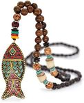 Boho Nepal Mala Wood Bead Fish Elephant Long Pendant Necklace for Women Friend Vintage Chunky Wooden Rosary Statement Sweater Chain Necklace Handmade Ethnic Meditation Prayer Jewelry, Wood, wood