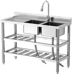 Stainless Steel Double Bowl Sink 47 x 18 x 32 In, 2 Compartment Freestanding Sink Set with Workbench & Storage Shelves, Commercial Restaurant Kitchen Sink with Faucet for Outdoor, Laundry Room, Garage