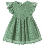 Niyage Toddler Dress Girls Elegant Lace Pom Pom Flutter Sleeve Party Princess Dresse Sage Green 140