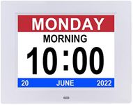 Digital Day Calendar Clock 8 Inch 12 Alarms Non-Abbreviations Day & Month Electronic Dementia Alzheimer Vision Impaired Memory Loss Desk Large Digital Alarm Clock