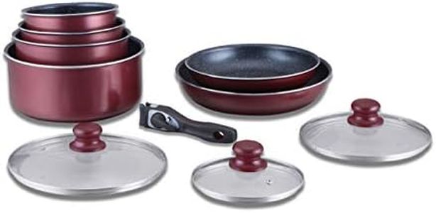 Herzberg Batterie de cuisine - lot de casserole induction - set casserole et poele tous feux - set de cuisine en revêtement pierre avec manche amovible 10 pieces HG-5000 Bordeaux