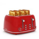 Toaster 4 Slice, Retro Stainless Toaster with 6 Bread Shade Settings,1.5''Wide Slots Toaster with Cancel/Defrost/Reheat Functions,Dual Independent Control Panel (Red)