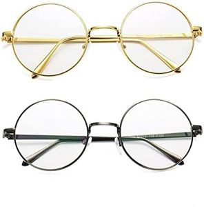 Pro Acme Retro Round Metal Frame Clear Lens Glasses Non-Prescription(Gold+Gunmetal Frame/Clear Lens 2pcs)
