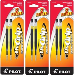 Pilot Dr. Grip Center of Gravity Ballpoint Pen Refills, Medium Point, Black Ink, 3 Packs of 2 Refills (6 Refills Total)