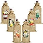 Belle Vous 6 Pack of Christmas Burlap Wine Bottle Bags - Rope Drawstring Gift Bags - Reusable Wine Bottle Covers with Xmas Designs for Presents, Home Storage, Travel or Christmas Holiday Party