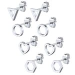 8mm Cut Out Geometric Stud Earring Set, 4 Pairs Classic Minimalist Stainless Steel Hexagon Triangle Circle Heart Simple Tragus Earrings Ear Jewelry for Women Girls Teens