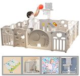 House of Quirk Baby Playpen Foldable & Sturdy Safety Play Yard for Babies and Toddlers with Balls and Mat Indoor/Outdoor Baby Gate Playpen with Activity Wall 30 Square Feet (16 Panel, Grey Elephant)