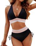 HUXRAKV Womens Padded Bikini Sets Two Piece Bathing Suits High Waisted Swimsuit Printed Spaghetti Strap Swimwear,WD14-Black,L