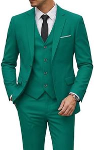 YND Men's Slim Fit 2 Button 3 Piece Suit Set, Blazer Jacket Vest Pants and Tie, Solid Wedding Dress Tux and Trousers Green