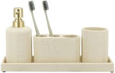 ZCCZ -Beige Bathroom Accessories Set 4 Pcs - Toothbrush Holder, Soap Dispenser, Vanity Tray, Bathroom Tumbler - Countertop Vanity Organizer - Bathroom Accessory Set- Toothbrush Holder Set, Stone Sets