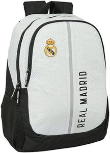 Safta REAL MADRID 1ª EQUIPACIÓN 24/25 - Mochila Escolar Infantil, Ideal para Niños de Diferentes Edades, Cómoda y Versátil, Calidad y Resistencia, 32x16x44 cm, Color Blanco/gris