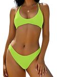 ZAFUL Women's Tie Back Padded High Cut Bralette Bikini Set Two Piece Swimsuit (Green Yellow, S)