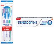 Sensodyne Toothpaste Repair & Protect, 100 gm & Sensodyne Toothbrush: Sensitive manual tooth brush with soft rounded bristles for adults, 3 pieces (Multicolor, Buy 2 Get 1 free)