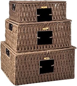 OUTBROS Juego de 3 Cesta de Almacenamiento Rectangular Tejida a Mano con Tapa, Cestas Almacenaje, Cesta trenzada apilable, Caja Organizadora Multiusos, para Ropa, Maquillaje y Estantes, Café