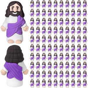 Keway 100 PCS Mini Jesus Figurines in Bulk, Little Jesus for Hide and Seek, Religious Easter Egg Stuffers Rubber Tiny Miniature, Baptism Gifts, Sunday School Crafts & Party Favors (Purple)