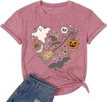 Halloween Doodles Shirt for Women Cute Vintage Graphic Halloween Party Tshirt Short Sleeve Fall Season Tees, Dark Pink, XX-Large