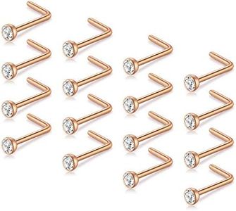 D.Bella Rose Gold Nose Studs, 20G Rose Gold Nose Ring Bend Nose Ring L Shaped Nose Stud for Body Piercing Jewelry