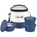 FOOD 8 Treo Lunch Box, Microwave Safe & Leak Proof, 3 Inside Steel Containers with BPA Free Airtight Lids (400ml Each), with Carry Bag (Blue & White)
