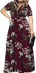 POSESHE Women's Plus Size Short Sleeve V Neck Floral Print Long Maxi Baby Shower Pregnancy Dresses (3X-Large, Flower Wine Red)