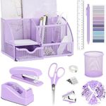 Purple Office Desk Accessories Supplies, 12pcs Desk Organizers and Accessories with Tape dispenser and Stapler,Staples,Staple Remover,Pen Holder,Scissor,Ruler,Sticky Tabs,Tape,Ballpoint Pen,Clips Set