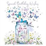 Nigel Quiney Artistic Open Female 'Happy Birthday' Greeting Card - Butterfly Jar Illustration - With A Silver Foil Finish - From The Pizazz Range - For Her, White Purple Blue Silver, 150 x 149mm